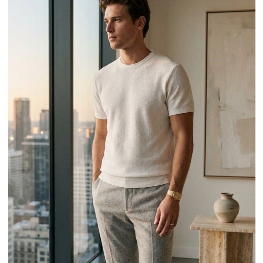 ZARA Men XL Off-White Textured Knit Short Sleeve T-Shirt 100% Cotton Minimalist